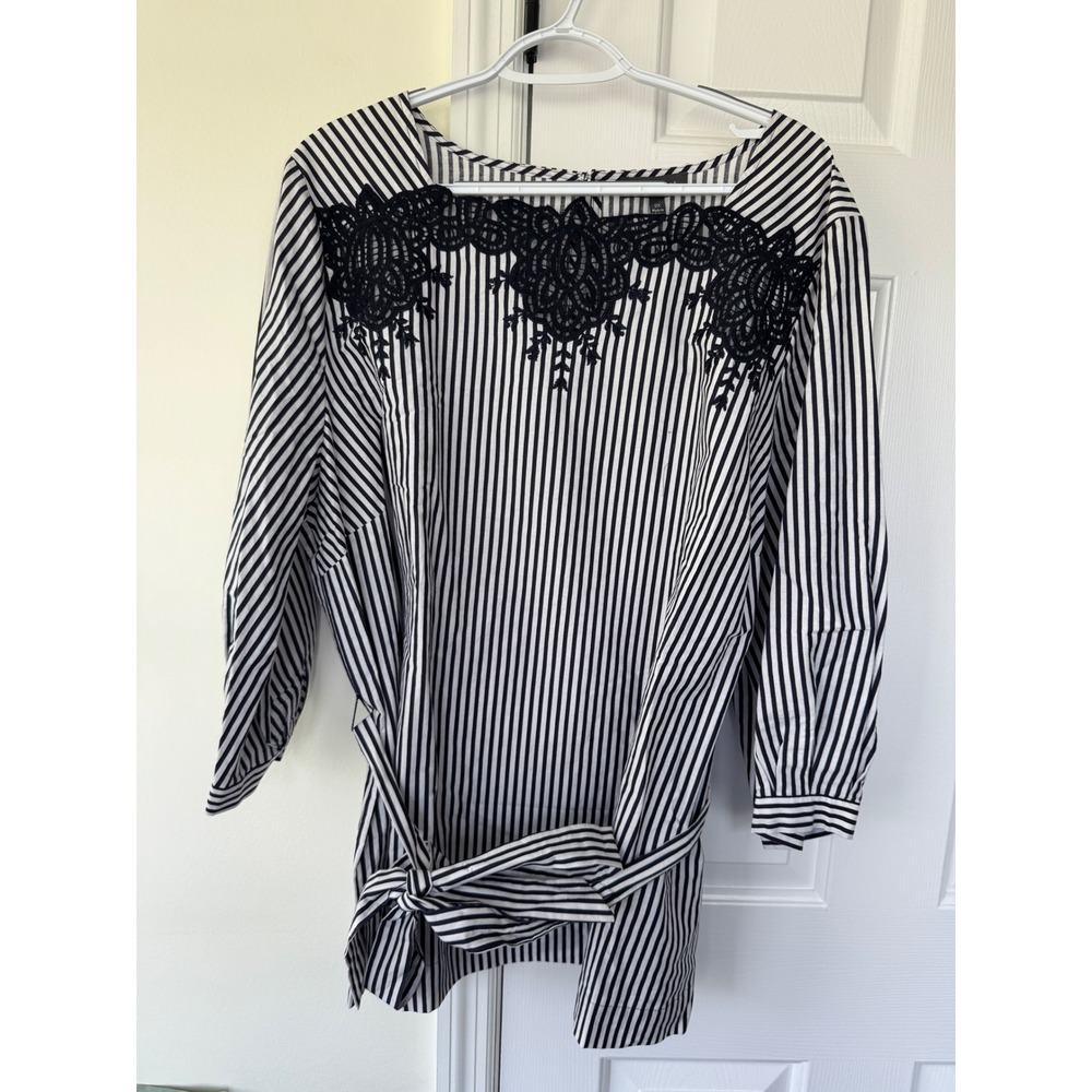 The Limited Womens 2X Striped Lace Trim Belted Blouse Black White Cotton Top